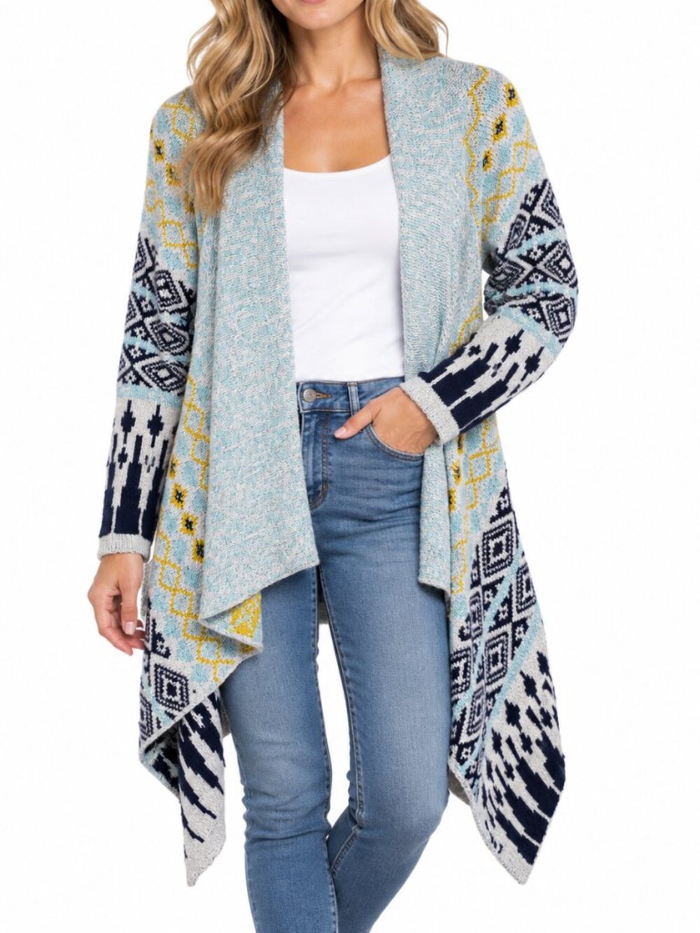 URKU Alpaca-Blend Knit Open Front Patterned Cardigan Sweater Multi Medium Cozy
